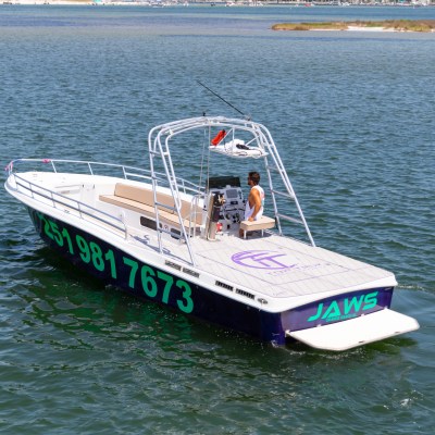 a small boat in a large body of water