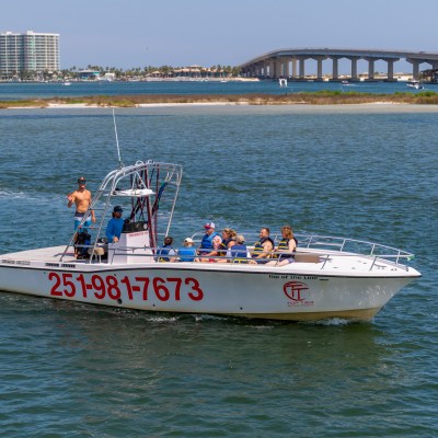 a small boat in a large body of water