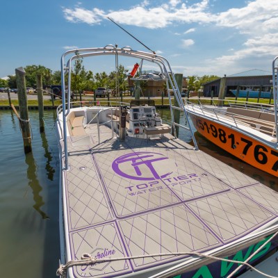 a boat docked at a dock
