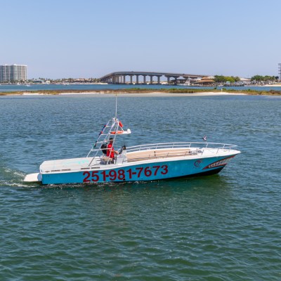 a small boat in a large body of water